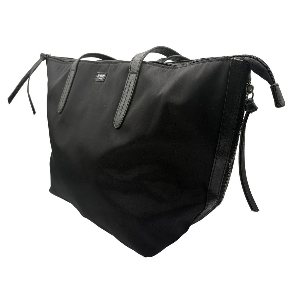 Botkier Tote Bag Womens Large Black Excellent Nylon Leather Trim Zip Top Travel‎